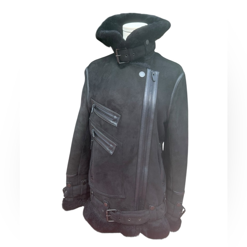 The Arrivals Moya Oversized Shearling Black Suede Moto Jacket Size Small - Picture 4 of 15